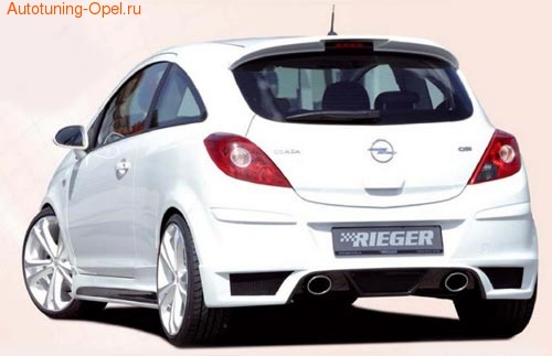 Обвес на Opel Corsa D с глушителем с выхлопом на две стороны от компании Rieger с шелкографией под карбон