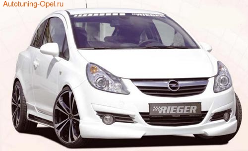 Обвес на Opel Corsa D со штатным глушителем от компании Rieger с шелкографией под карбон